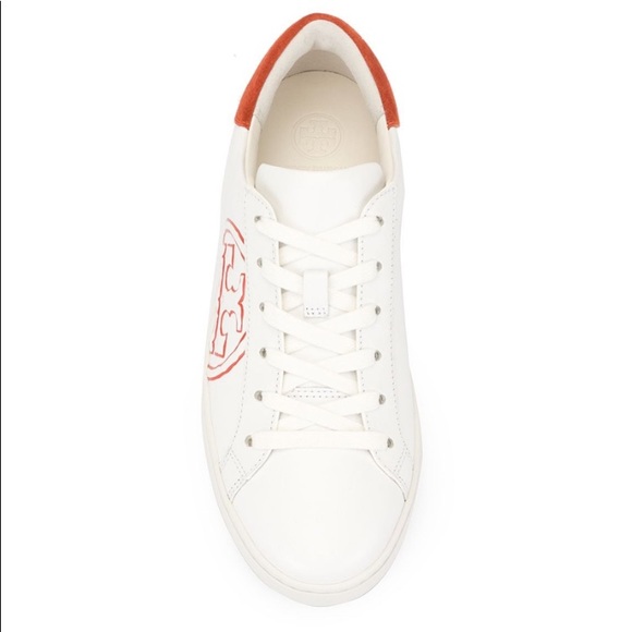 Tory Burch T-LOGO Leather Low Top Sneaker Orange - Picture 8 of 12